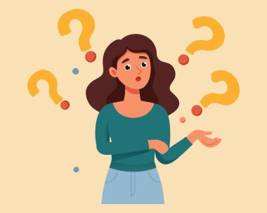 Her şeyi sorgulayan ve kuşkulanan genç kadın, vektör illüstrasyonu.