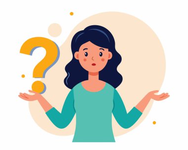 Her şeyi sorgulayan ve kuşkulanan genç kadın, vektör illüstrasyonu.