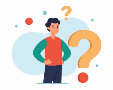 Her şeyi sorgulayan ve kuşkulanan genç adam, vektör illüstrasyonu.