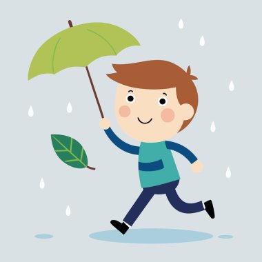 Şemsiyeyle Yağmurda Koşan Küçük Çocuk 124, Vektör Çizimi