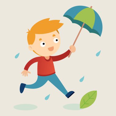 Şemsiyeyle Yağmurda Koşan Küçük Çocuk 124, Vektör Çizimi