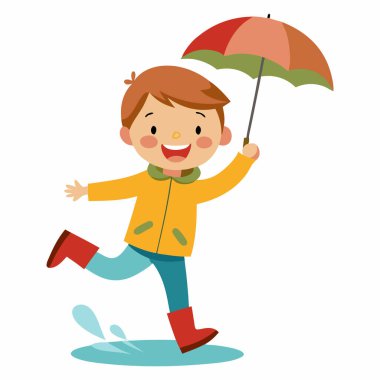 Şemsiyeli ve Yağmurlu Çizmeli Şirin Çocuk: 124 Neşeli Çocuk Düz Vektörü