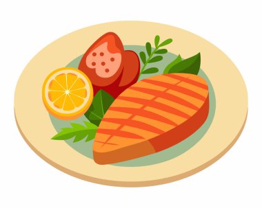 Tabak üzerinde ızgara somon filetosu, vektör illüstrasyonu