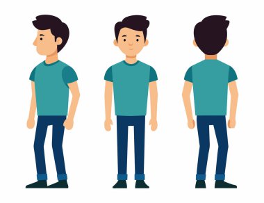 Önden ve arkadan gösterilen genç bir adamın düz vektör karakter tasarımı