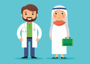 Beyaz önlüklü sakallı bir doktorun düz vektör çizimi ve geleneksel Orta Doğulu bir iş adamı.