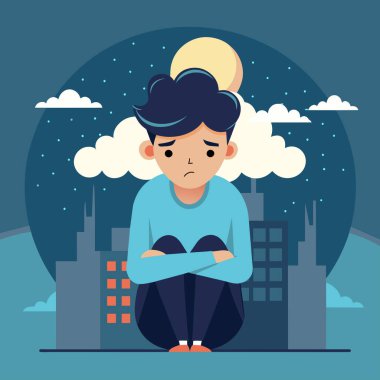 Üzgün genç bir adam bankta oturuyor ve geceyi düşünüyor. vektör illüstrasyonu.