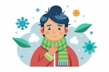 Grip ya da mevsimsel soğuk algınlığı belirtileri olan bir adam. Kış kar taneleri ve sonbahar yapraklarıyla çevrili.