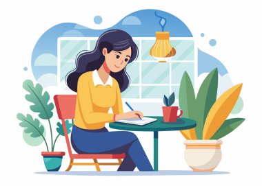 Genç bir kadın dizüstü bilgisayarı ve akıllı telefonuyla masada oturuyor. Serbest ve uzaktan kumandalı. Düz çizgi film tarzında vektör illüstrasyonu.