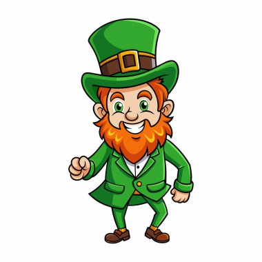 Dost canlısı İrlanda folkloru leprikon maskot çizimi beyaz arka planda izole edilmiş. Sakallı, altın yapraklı bir leprikon.