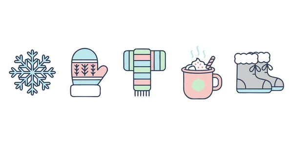 Kış Simgeleri Mittens, Cup, Snowflake ve More ile Ayarlandı