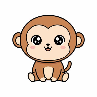 Kawaii Maymun Oturan Vektör Yuvarlak Başlı Şirin Hayvan Çizimi