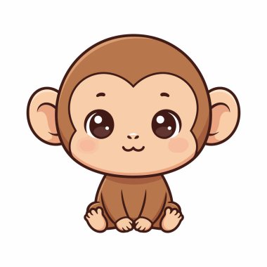 Kawaii Maymun Oturan Vektör Yuvarlak Başlı Şirin Hayvan Çizimi