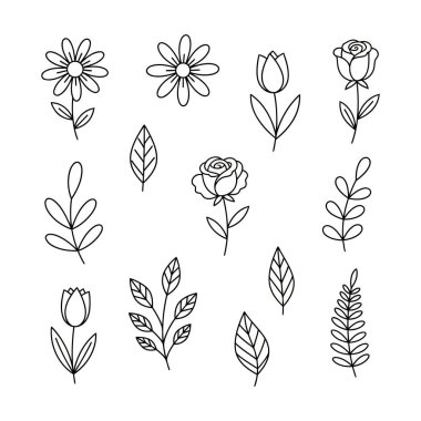 Minimalist siyah-beyaz çiçek ve yaprak çizgisi ikonları ve beyaza izole edilmiş botanik karalamalar koleksiyonu