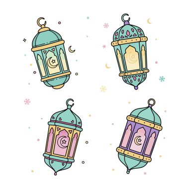 Ramazan Kareem kutlamaları için Hilal ay ve yıldız desenli geleneksel Arap fenerleri asılıyor.