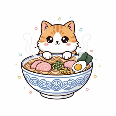 Tatlı zencefilli tekir kedi buharda pişmiş lezzetli Japon eriştesinin içinde oturuyor.