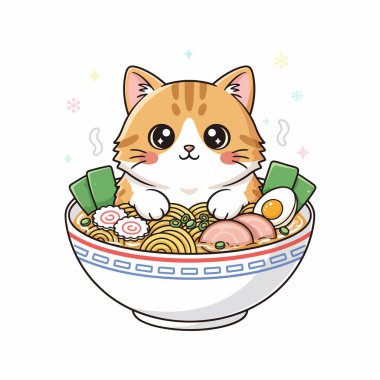 Tatlı zencefilli tekir kedi buharda pişmiş lezzetli Japon eriştesinin içinde oturuyor.