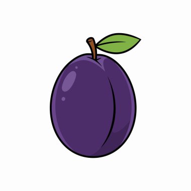 Taze mor erik çizimi, beyaz arkaplanda yeşil yaprak izole edilmiş.