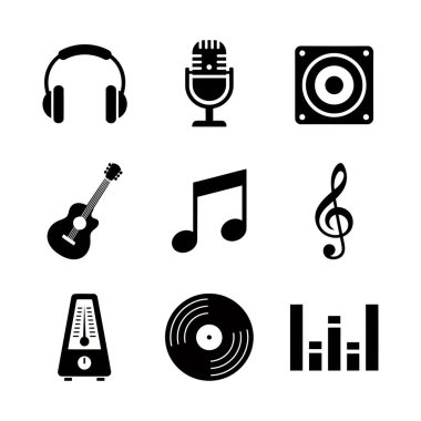 Müzik Silueti Simgesi Simgesi Kulaklık, Mikrofon, Hoparlör, Gitar Minimum Kalın Siyah Vektör
