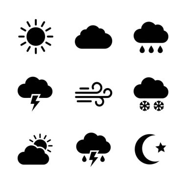 Hava Durumu Silüeti Simgesi Güneş, Bulut, Yağmur, Gök gürültüsü, Rüzgar Kalın Kara Vektör