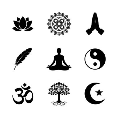 Lotus Mandala ve Dua Elleri Minimum Kara Vektörlü Ruhani Siluet Simgesi