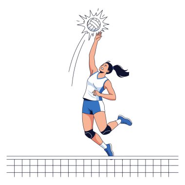 Voleybol oyuncusu sıçrama yapıyor, güçlü aksiyon pozisyonu, modern düz vektör çizimi, beyaz üzerine izole edilmiş.