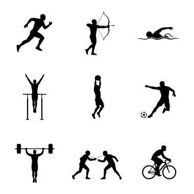 Beyaz arka planda spor simgeleri ayarlandı. Eylem pozisyonunda birden fazla sporcu, siyah siluet vektör seti, güçlü kontrast, beyaz arka planda izole