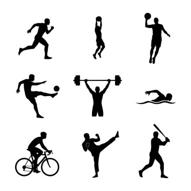 Eylem pozisyonunda birden fazla sporcu, siyah siluet vektör seti, güçlü kontrast, beyaz arka planda izole.