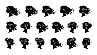 Kadın siluetlerinin vektör kümesi. farklı saç stilleri, saç ve saç stilleri.