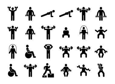 Ağırlık kaldırma ve vücut ağırlığı egzersizleri içeren kapsamlı spor salonu siluetleri.