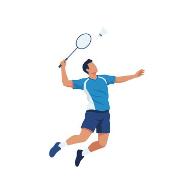 Badminton oyuncusu eylem, temiz vektör illüstrasyonu, düz stil, spor konsepti, beyaz arkaplanda izole