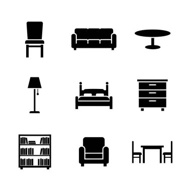 Mobilya ikonları, mobilya silueti simgeleri, sandalye, kanepe, masa, lamba, yatak, minimal temiz siyah vektör simgesi