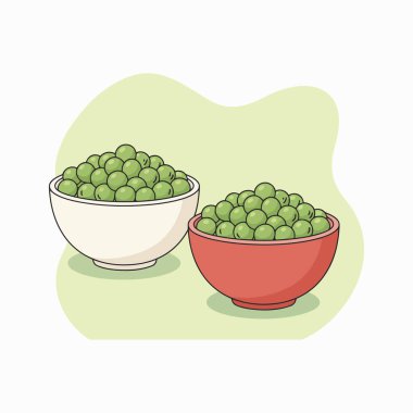 İki kase Yeşil Bezelye Vektörü İllüstrasyon Beyaz Arkaplanda Taze Sebze