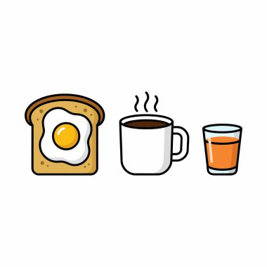 Kahvaltı ikonları, yumurtalı ekmek, kahve, temiz düz stil.