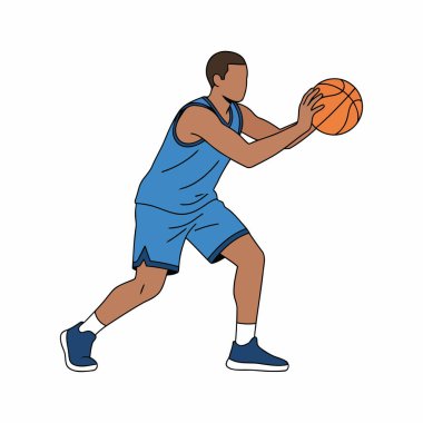Basketbol oynayan adam, basketbolcu pas veriyor, göğüs hareketi, düz vektör, beyaz üzerine izole edilmiş.