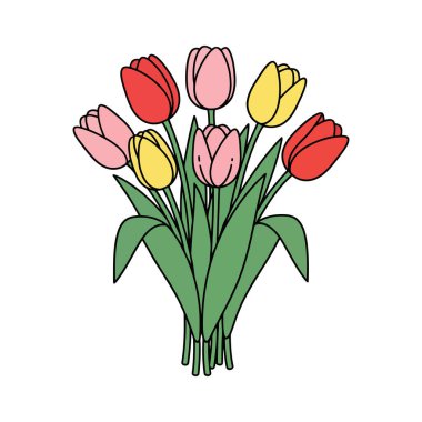 Üç Çiçekli Renkli Lale Buketinin Basit Vektör İllüstrasyonu