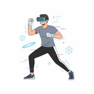 Sanal gerçeklik kulaklığı olan genç bir erkek VR gözlüğü. Beyaz arkaplanda izole edilmiş vektör düz çizim.