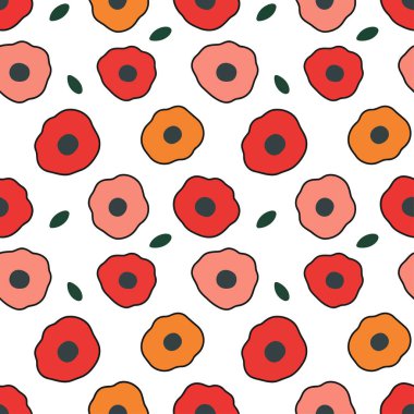 Kusursuz kırmızı gelincik çiçeği deseni. Minimum Gelincik Yuvarlak Yaprakları Beyaz üzerine koyu merkez vektörü