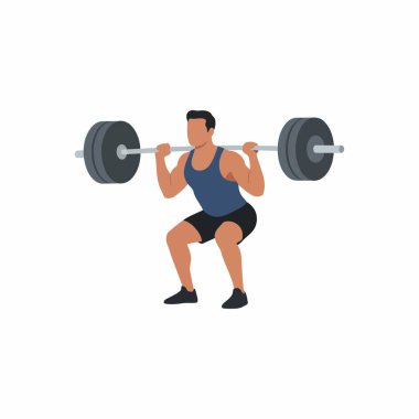 Spor salonunda egzersiz yapan bir adam. Halter kaldırma egzersizi yapan adam, düz vektör stili, fitness çizimi, beyaz arka planda izole edilmiş.