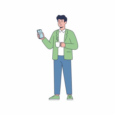 Akıllı telefon vektör çizimine sahip akıllı telefon kullanan bir adam. Ofis çalışanı elinde telefon ve kahve tutuyor.