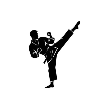 Karate yapan bir adamın vektör çizimi. Karate sporcusu yüksek tekme pozu, siyah siluet vektör, keskin kenarlar, dövüş sanatları konsepti, beyaz arka planda izole edilmiş.