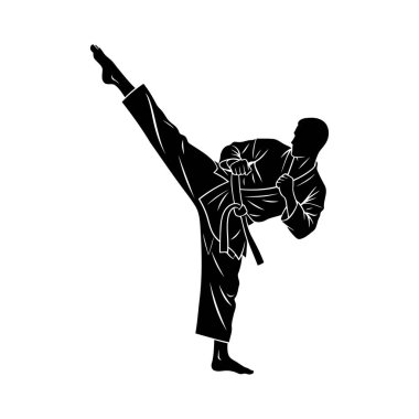 Beyaz arka planda izole edilmiş karate dövüşçüsü silueti. Vektör çizimi. Karate sporcusu yüksek tekme pozu, siyah siluet vektör, keskin kenarlar, dövüş sanatları konsepti, beyaz arka planda izole edilmiş.