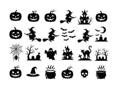 Hayaletli ev ve yarasaların yer aldığı ürkütücü tatil ikonlarının profesyonel vektör seti.