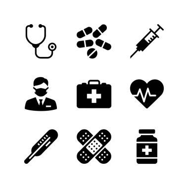 Steteskop, hap ve şırınga gibi sağlık sembolleri içeren tıbbi simge seti