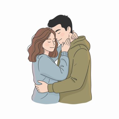 Birbirine aşık genç bir çift, el çizimi illüstrasyon vektörü. Erkek ve kadın birbirlerine sarılıyorlar..