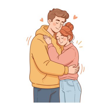 Genç bir adam ve bir kadın birbirlerine sarılıyorlar. Mutlu çift.