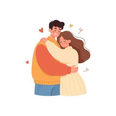 Mutlu çift kucaklaşıyor ve sarılıyor. Aşk ve ilişki kavramı. düz vektör illüstrasyonu