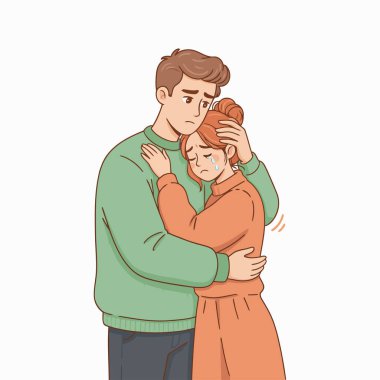 Genç aşık bir çift, üzgün bir insan, beyazlar üzerinde duygusal destek alıyor.