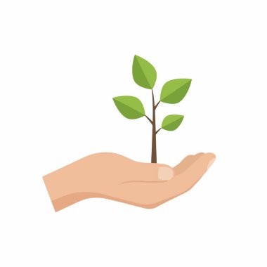 Beyaz arka planda izole edilmiş bitkiyle el, beyaz üzerinde küçük bitki ağacı vektörü konseptini tutuyor.