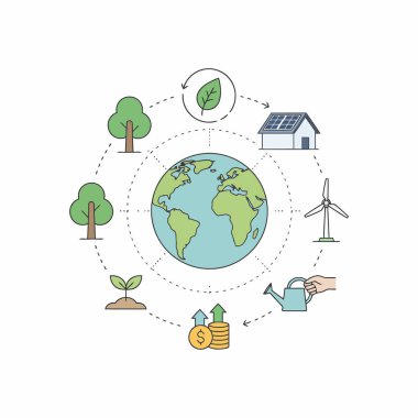 Ekoloji, çevre ve ekolojik kavram. Düz çizgi biçiminin vektör illüstrasyonu.