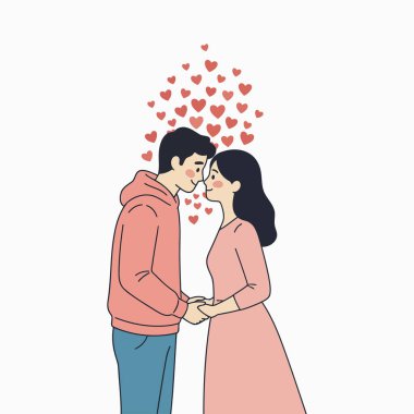 Kalp şeklinde genç bir çift, derin göz teması çizimi